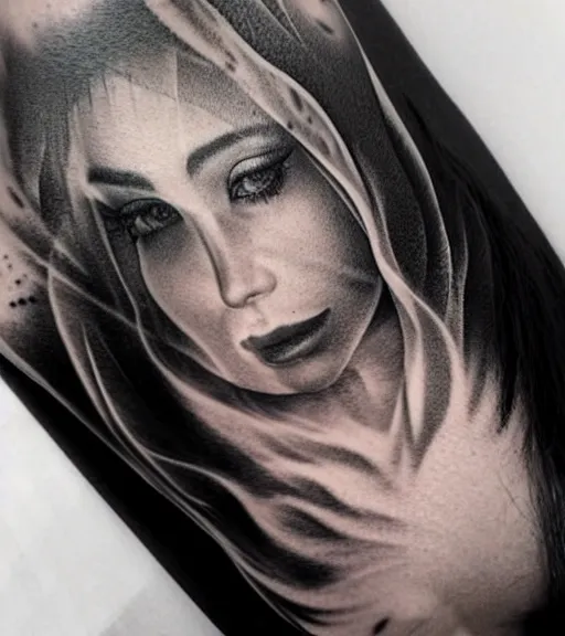 Image similar to double exposure of a hyper realistic mountain scenery with a beautiful woman face, tattoo design sketch, in the style of matteo pasqualin, hyper - realistic, amazing detail, black and white