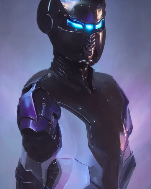 Prompt: character concept of iridescent sinewy smooth muscular male sleek glossy indigo black pearlescent scifi armor with smooth black faceless featureless helmet, by greg rutkowski, mark brookes, jim burns, tom bagshaw, magali villeneuve, trending on artstation