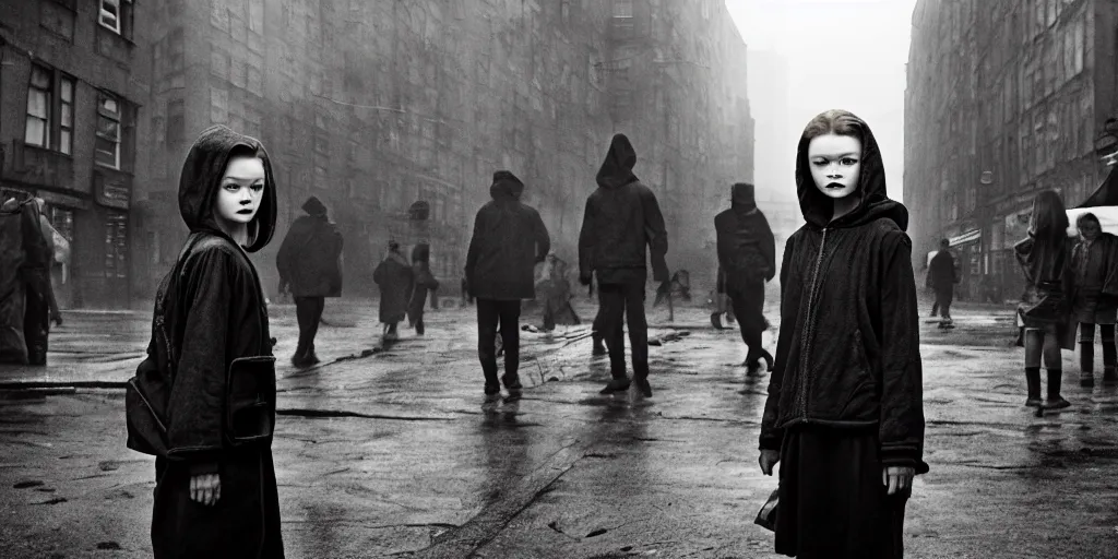 Image similar to sadie sink in hoodie at umbrella stand in ruined square, pedestrians on both sides ignore her, old tenements in background : grainy b & w 1 6 mm film, 2 5 mm lens, medium shot from schindler's list by steven spielberg. cyberpunk, steampunk. cinematic atmosphere and composition, detailed face, perfect anatomy