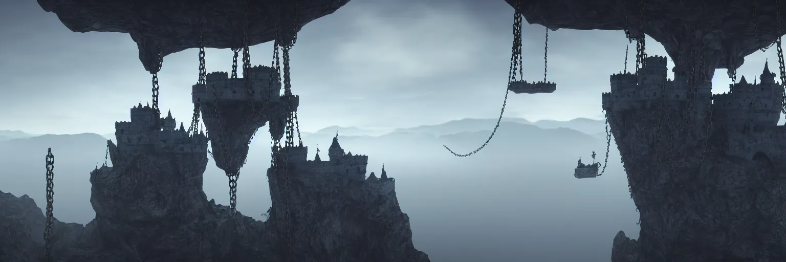 Image similar to cinematic view of floating castle hanging by chains in the air, in between a gorge, below only cloud dark void, 8 k resolution, octane,