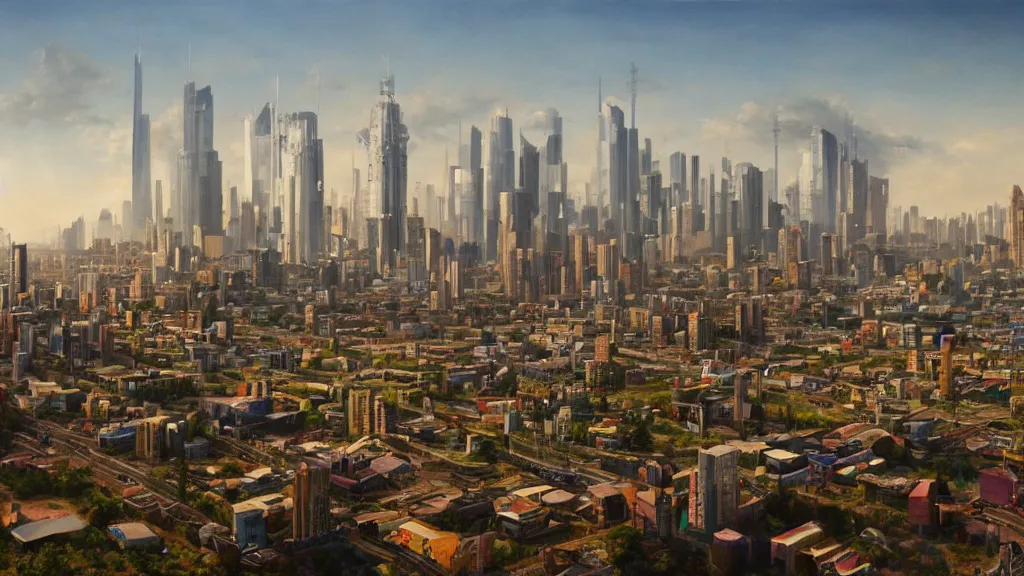 Prompt: hyper-realistic oil painting of a utopian city, trending on artstation