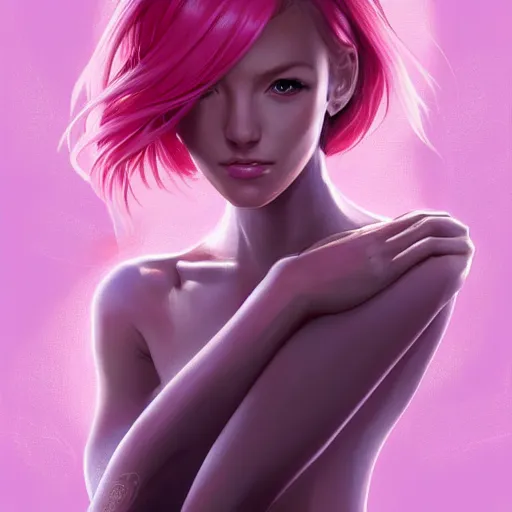 Image similar to portrait of beautiful symmetrical anime alien woman, pink hair, attractive, casual, modern, victoria's secret, highly detailed, digital painting, artstation, concept art, smooth, sharp focus, illustration, art by artgerm, greg rutkowski and alphonse mucha, 8 k,