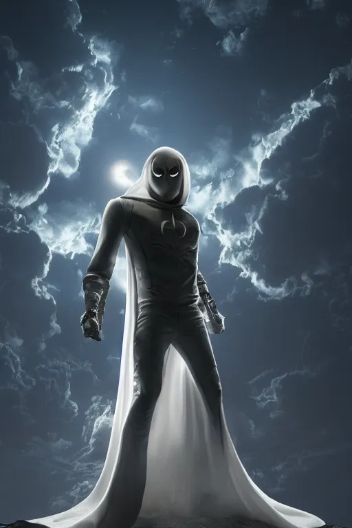 Image similar to hyperrealistic photography of Moon Knight mixed with Ghostrider style of Hossein Diba, full-shot, merged character, 4k, highly detailed, cinematic lighting, photorealistic, 3d render, award winning render, unreal engine, masterpiece, octane render, sharp focus, studio lighting, 8k, hd