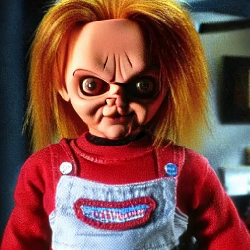 Image similar to Chucky the killer doll from the movie Child's Play in an episode of Full House