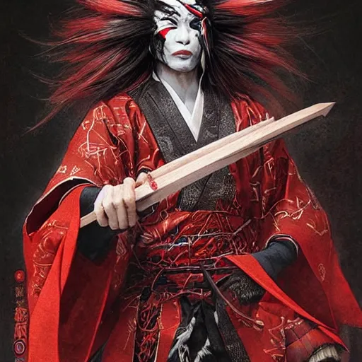 Image similar to an epic portrait of insane kabuki male wielding a spear, magical aura of insanity, intricate hakama, poofy red wig, eerie, highly detailed, dark fantasy, art by artgerm and greg rutkowski