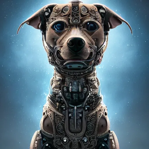 Image similar to a beautiful ultradetailed fine art photo of an ancient aztec hairless cybernetic cyborg dog set against galactic space, by tom bagshaw and anna dittman, portrait, soft backlighting, robotic arch around the dog, 5 0 mm lens, golden ratio composition, detailed faces, studio lighting, very detailed, industrial mechanical robot dogs, artstation, 8 k, highly coherent