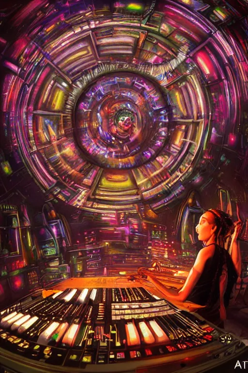 Image similar to a fisheye lens photo of a futuristic tribal dj tweaking and playing synthesizers in the most complicated and technical spiral fractal musical studio, powerful, cinematic, beautifully lit, by donato giancola, by artgerm, by karol bak, 3 d, perfect face and body, trending on artstation, octane render, 8 k