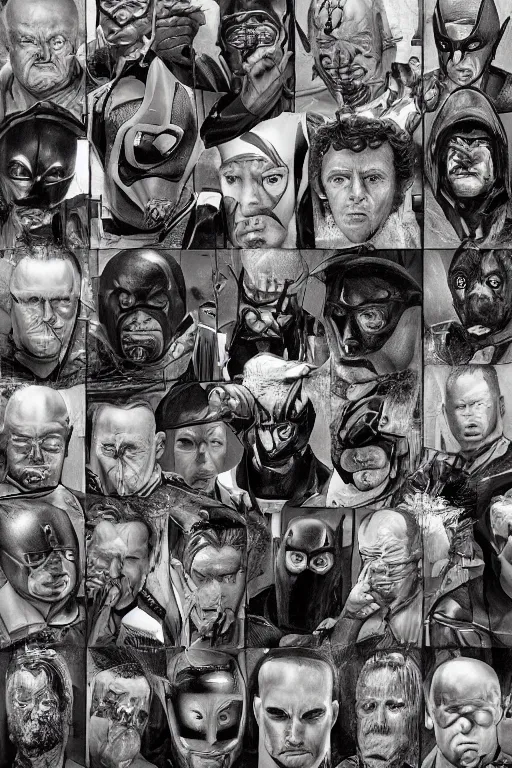 Prompt: Hyperrealism, mugshot of Super Heroes who are now Evil arrested by the Police, Symmetrical face, Comical, Rembrandt Lighting, Film Grain, Portrait, DC Comics, DC Comic Book Characters, Feeling of disgust, Criminal, intricate details, 4k detail post processing, hyperrealistic, ultra detailed, cinematic