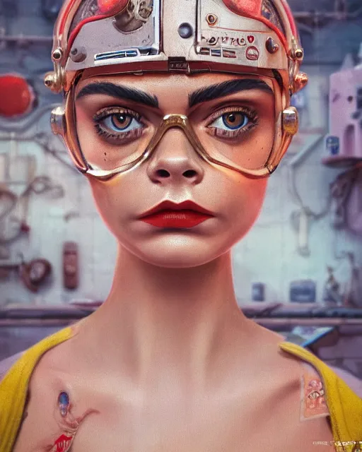 Prompt: closeup face profile portrait of cara delevingne as a tin toy soviet chernobyl space rabbit, bikini, depth of field, zeiss lens, detailed and intricate environment, fashion photoshoot by nicoletta ceccoli, mark ryden, lostfish, breathtaking, 8 k resolution, artistic, hyperrealistic, octane render
