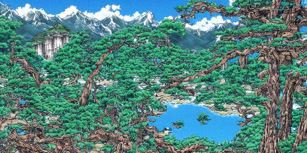 Prompt: art by akira toriyama of the cinematic view of the jiuzhaigou valley forest