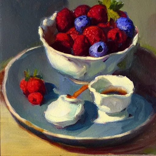 Prompt: a painting of a bowl of berries and a cup of tea, a still life by juliette wytsman, featured on deviantart, american impressionism, rich color palette, acrylic on canvas