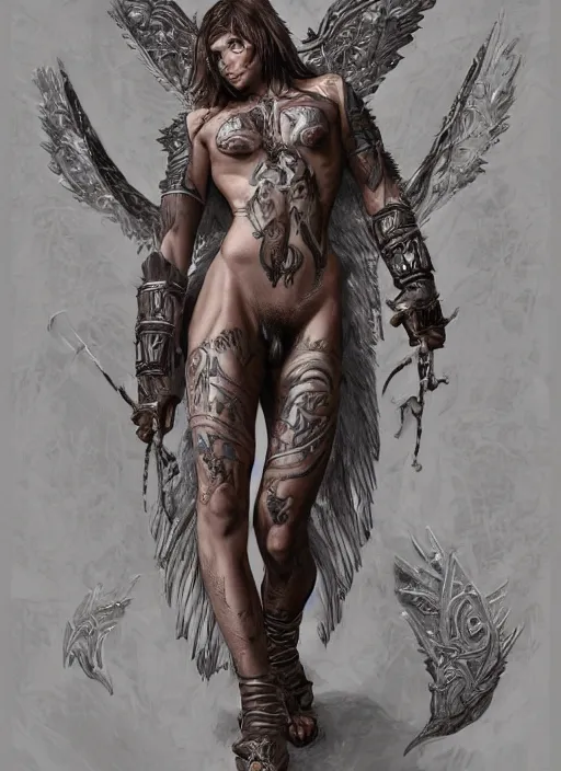 Prompt: Portrait of Ratajkowski as an angel warrior legs, completely covered by armour and runes , angelical runes tattooed all over his legs, intricate down body, whole body, highly detailed, digital painting, artstation, concept art, smooth, sharp focus, illustration, art by Hajime Sorayama