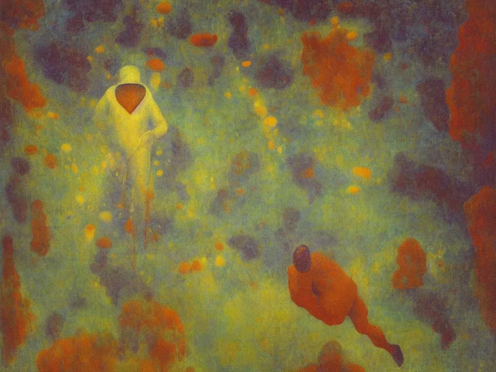 Image similar to man in white beekeeper suit touching the coral reef. painting by mikalojus konstantinas ciurlionis, bosch, max ernst, agnes pelton, rene magritte