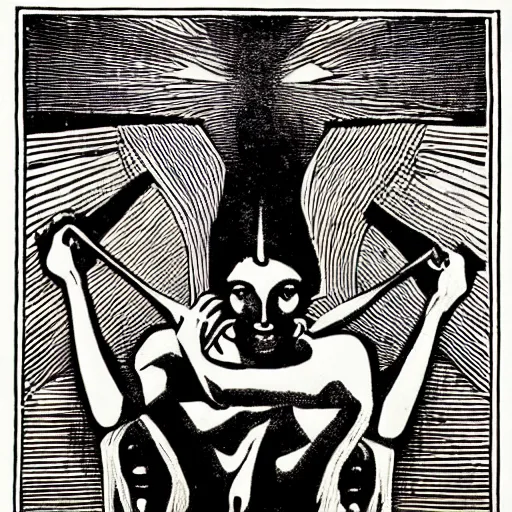 Image similar to Woodcut cover for “Gods' Man,” a 1929 black-and-white wordless novel that tells a Faustian tale of ambition, love, greed and death. It's by the illustrator and woodcut artist Lynd Ward