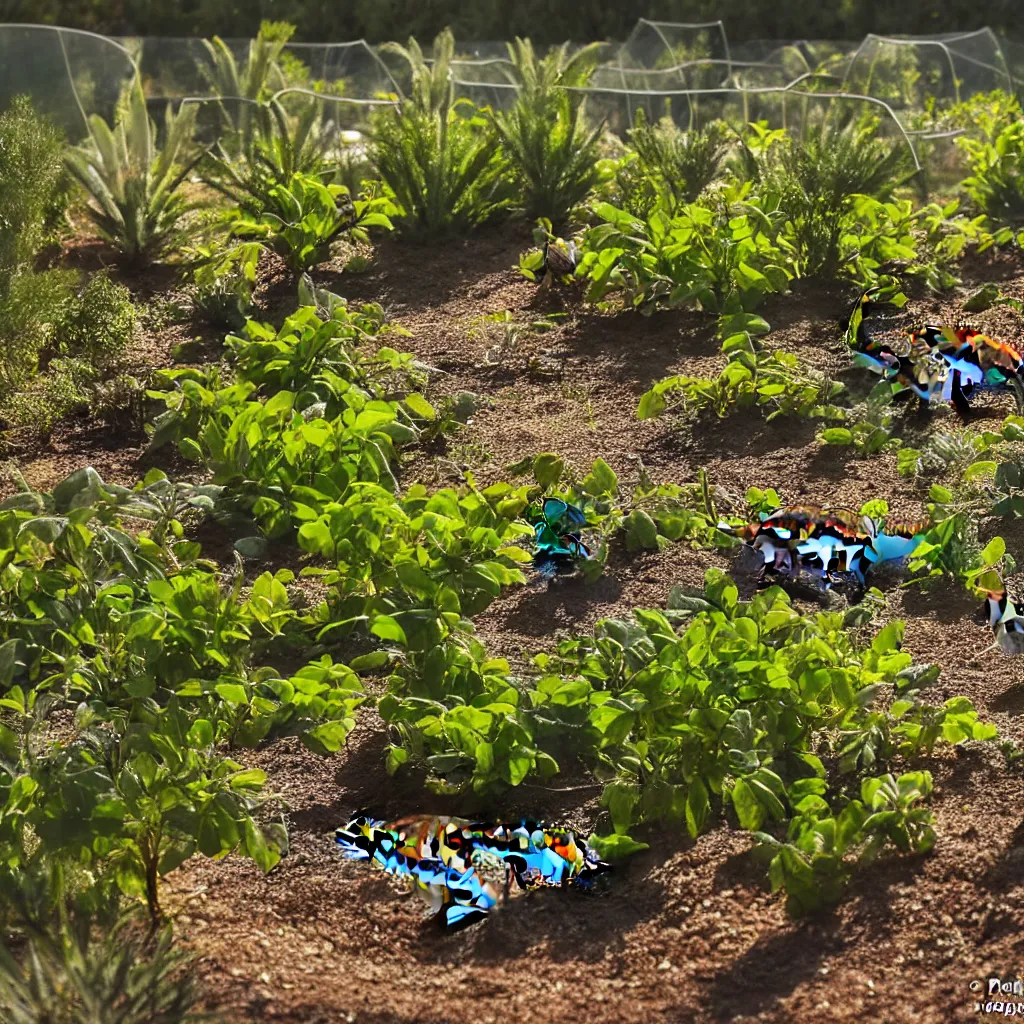 Image similar to permaculture food forest, closed ecosystem, in the middle of the desert, with a miniature indoor lake, iguanas in the background, XF IQ4, 150MP, 50mm, F1.4, ISO 200, 1/160s, natural light at sunset with outdoor led strip lighting