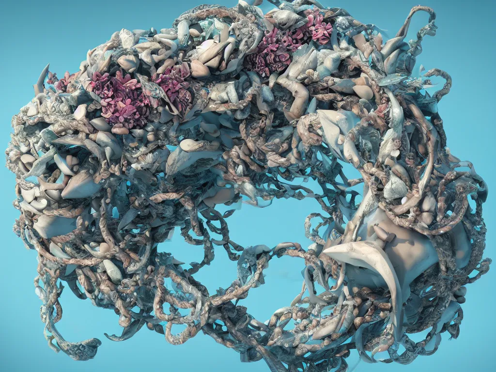 Image similar to a sculpture of ocean shark intertwined, a lovely cornucopia of flowers and human body parts, body parts, highly detailed, octane render, cinematic, shock, sharp focus