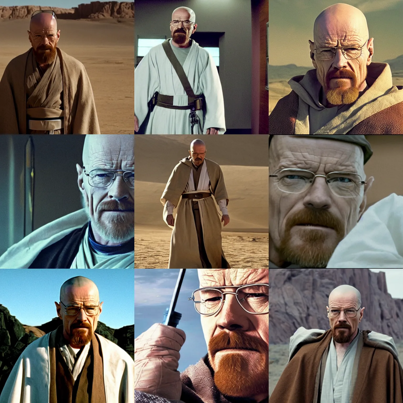 Prompt: Movie still of Walter White dressed as Obi-Wan Kenobi