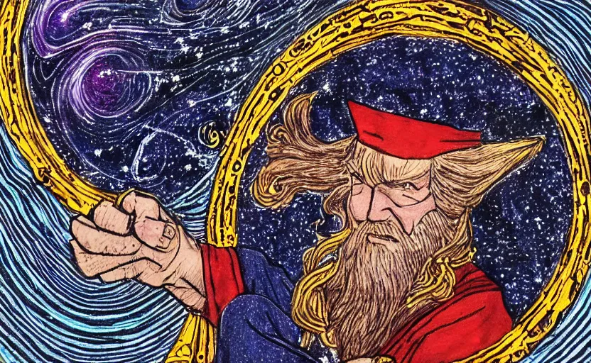 Prompt: wizard with the universe as a pattern on his hat, hd, highly detailed, intricate