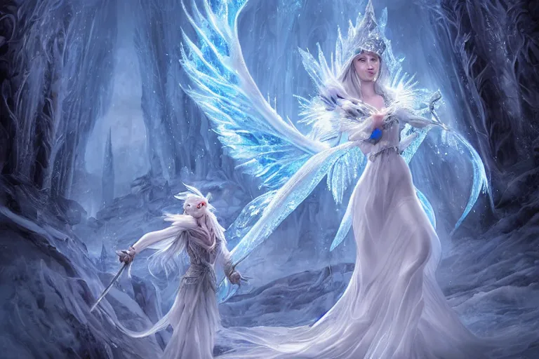 Image similar to Majestic beautiful young pepe ice goddess! fighting a beautiful evil fire goddess!! intricate, epic, elegant, menacing, fantasy, highly detailed, digital painting, hard focus, beautiful volumetric lighting, epic light, ultra detailed, souls, smoke, icicle, frozen by Leesha Hannigan, Ross Tran, Thierry Doizon, Kai Carpenter, Ignacio Fernández Ríos