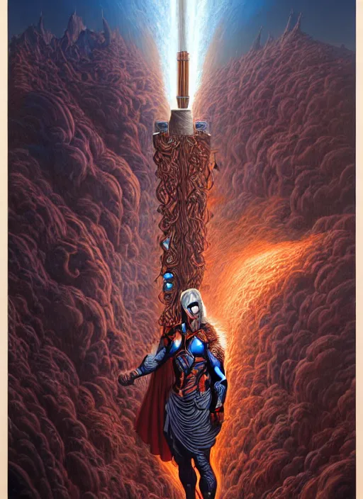 Image similar to portrait of god of thunder, hyper detailed masterpiece, mountain background, jean giraud, digital art painting, epic aesthetic, norse, artgerm, donato giancola and tom bagshaw