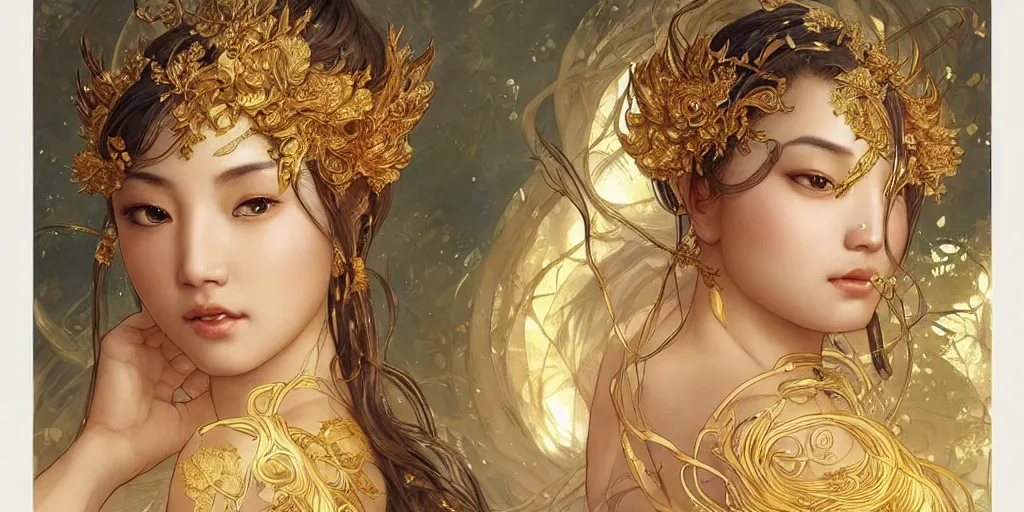 Prompt: asian nymph bald goddess, flowing golden silk twisting with whiten tattoos of cursive sigils on her opalescent skin, fantasy, intricate, very beautiful, elegant, golden light, highly detailed, art by artgerm and greg rutkowski and alphonse mucha