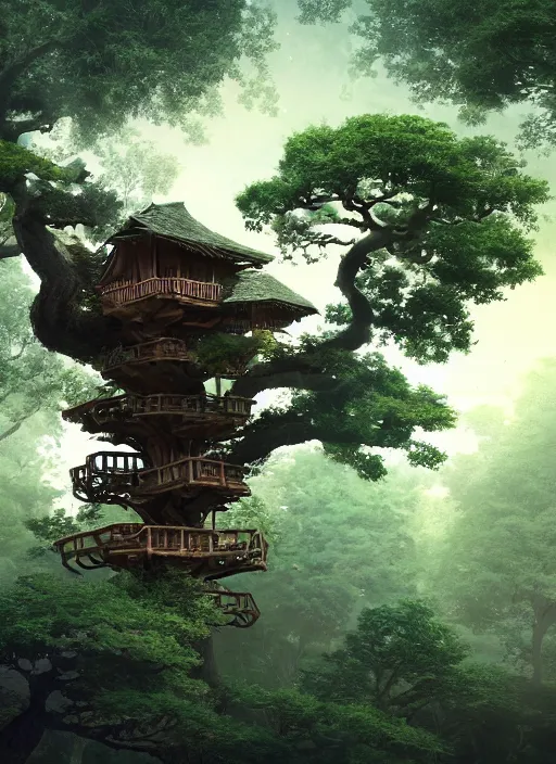 Image similar to beautiful mutlilevel wooden tree house tower in a gnarly bonsai in a ancient forrest, tree house city, ropes, dynamic lighting, cinematic, establishing shot, extremly high detail, foto realistic, cinematic lighting, post processed, concept art, artstation, matte painting, style by ghibli, myazaki