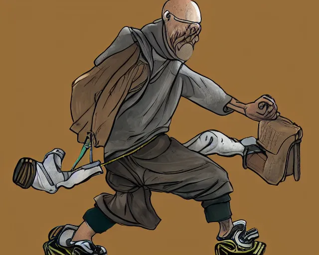 Prompt: a cell shaded cartoon of a monk in rollerblades, illustration, subtle colors, post grunge, highly detailed, sharp focus, Trending on Artstation, HQ, deviantart, art by artgem