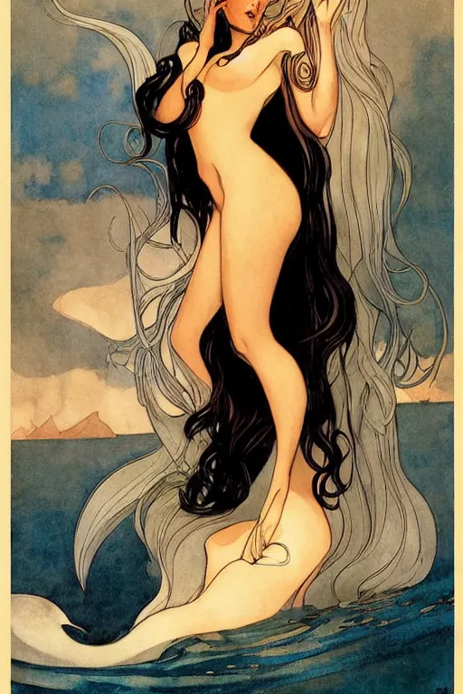 Image similar to dark evil beautiful mermaid with long flowing hair, by N.C. Wyeth, j.c. Leyendecker, face by Otto Schmidt