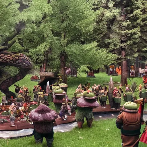 Image similar to a beatiful dwarven festival in a fertile green park with surreal elven nature, lots of gnome children, a gnome rock band concert and dwarven BBQ