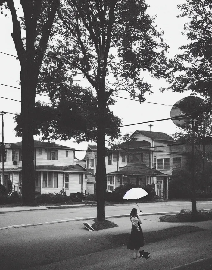 Prompt: “ photography in the style of gregory crewdson, quiet american neighborhood, a woman waiting with a black umbrella ”