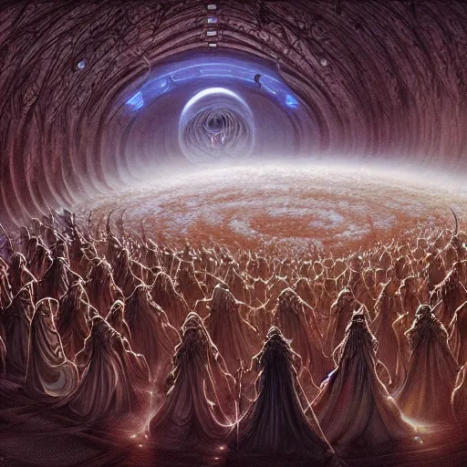 Image similar to a quantum computer surrounded by a dark cabal of multiple hooded elven mystics in long dark robes gathered in a circular formation, dan seagrave art, michael whelan, artstation, cgsociety, epic scifi fantasy art