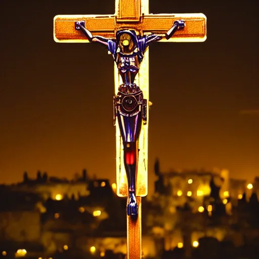 Prompt: super8 shot of a glowing steampunk robot crucified at dusk in ancient jerusalem