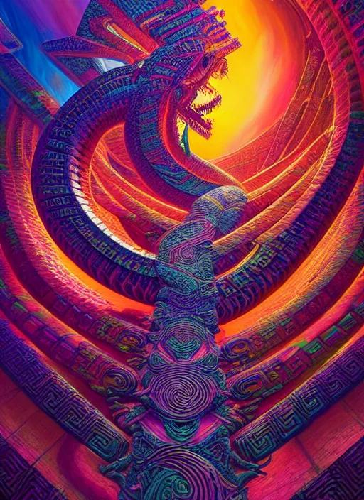 Image similar to hyper detailed ultra sharp 3 d render like a oil painting aztec serpent warrior princess, fractal plane, deep voyage, parallel existence, earthwave, colorful, neon, ornate, intricate, digital painting, concept art, smooth, sharp focus, illustration, art by artgerm and greg rutkowski and h. r. giger, 8 k