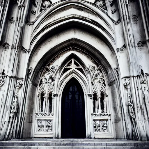 Image similar to architectural shot, no decaying lines, white marble gothic cathedral, alabaster skin, gothic girl dressed in black with macro head face