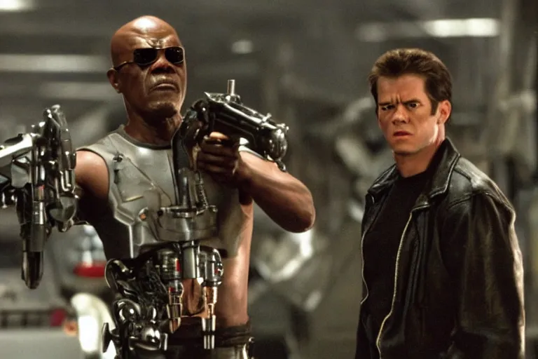 Image similar to Samuel L. Jackson plays Terminator and his endoskeleton is visible, action scene from the film