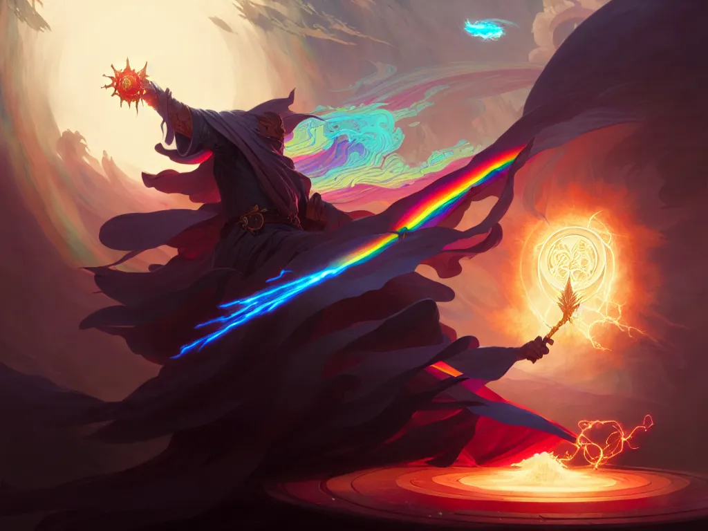 Prompt: concept art of a wizard defeating the darkness with a rainbow spell, up close, d & d, rpg, trending on artstation, highly detailed, intricate, high cohesion, award winning painting, cgi, art by greg rutkowski and alphonse mucha and anton fadeev and john howe