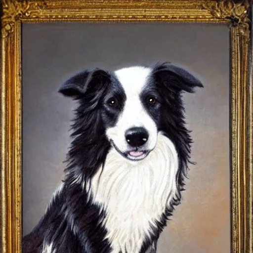 Prompt: Rembrandt portrait of a border collie dog wearing a beautiful outfit