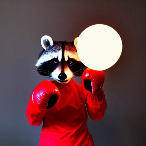 Prompt: cute kawaii raccoon wearing red boxing gloves, radiant light
