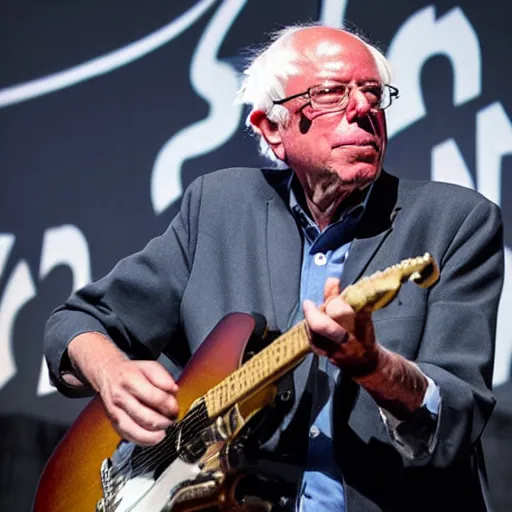 Image similar to bernie sanders with long hair and a leather jacket, playing electric guitar