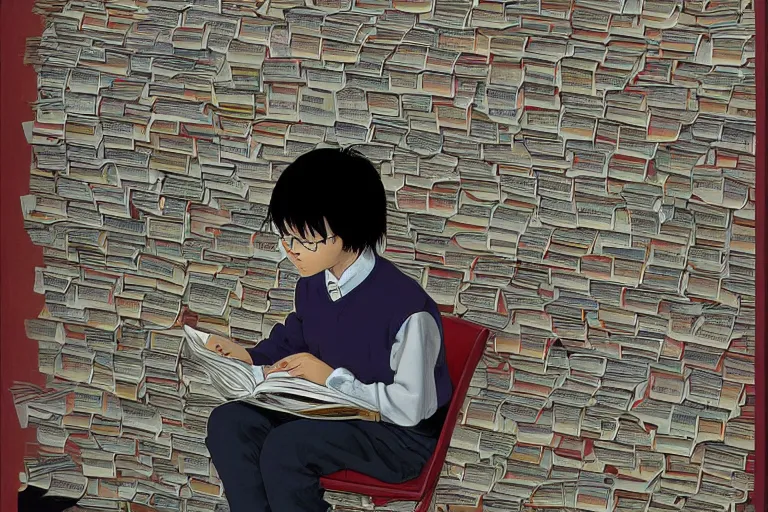 Image similar to a student reading all the human knowledge made to date with papers going towards the horizon, katsuhiro otomo