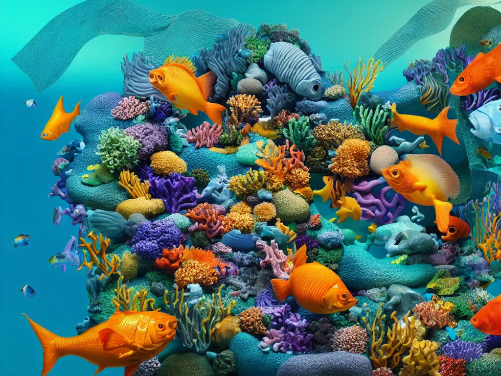 Prompt: a sculpture of fish ocean intertwined, diode lighting, a lovely cornucopia of flowers and human body parts, body parts, highly detailed, octane render, cinematic, sharp focus, clean, studio lighting, sunset, great barrier reef, on sea level