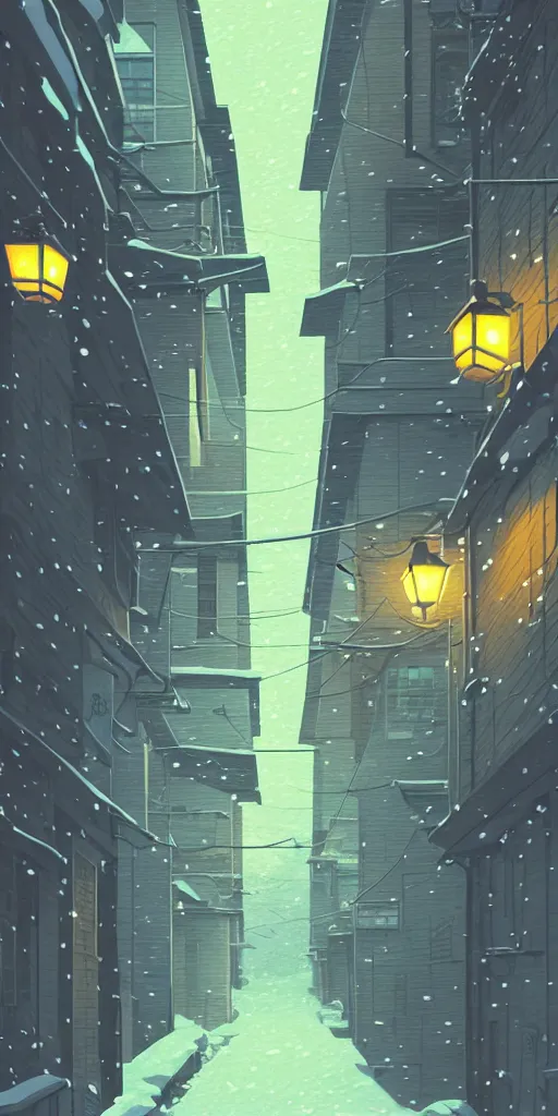 Image similar to tokyo alleyway, snowy day, lights, by cory loftis, makoto shinkai, hasui kawase, james gilleard, beautiful, serene, peaceful, lonely, golden curve composition