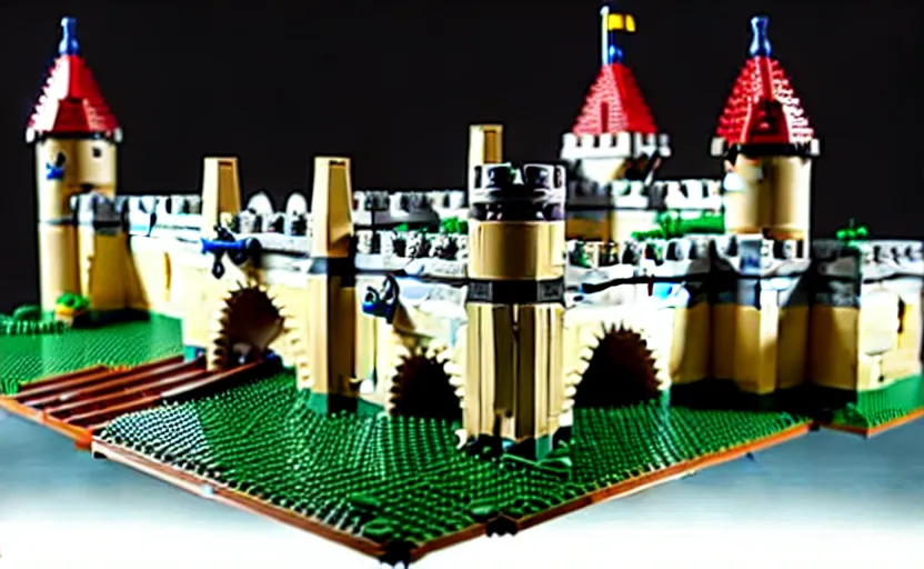 Prompt: a realistic detailed accurate Lego set of a medieval French castle on a green hill