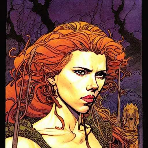 Prompt: a realistic, very beautiful and atmospheric portrait of scarlett johansson as a druidic warrior wizard looking at the camera with an intelligent gaze by rebecca guay, michael kaluta, charles vess and jean moebius giraud