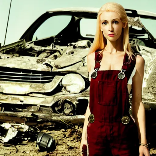 Image similar to a skinny female high-fantasy elf with a long face narrow chin and spiky blonde hair wearing dark brown overalls and holding a bomb next to a destroyed car, gel spiked blond hair, small ears, narrow lips, high resolution film still, HDR color