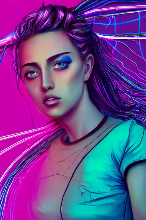 Image similar to a award winning half body portrait of a beautiful woman with stunning eyes in a croptop and cargo pants with ombre purple pink teal hairstyle and hands in pockets by thomas danthony, surrounded by whirling illuminated lines, outrun, vaporware, shaded flat illustration, digital art, trending on artstation, highly detailed, fine detail, intricate