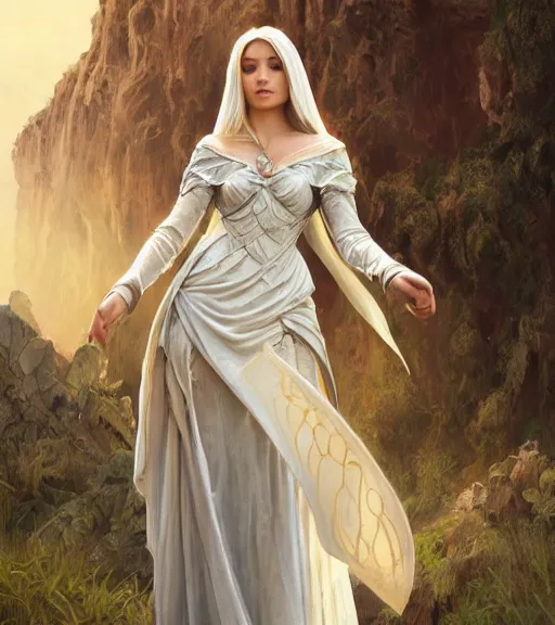 Image similar to angel, full dress, full body portrait, gentle, female, ruins landscape, d & d, fantasy, intricate, elegant, highly detailed, digital painting, white gold color palette, artstation, octane render, concept art, matte, sharp focus, illustration, hearthstone, art by artgerm and greg rutkowski and alphonse mucha