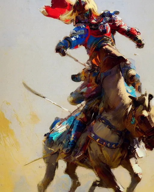 Image similar to close - up portrait of colorful rider pointing jousting lance at camera, caparisons, galloping, chainmail, by greg manchess, bernie fuchs, ruan jia, walter everett