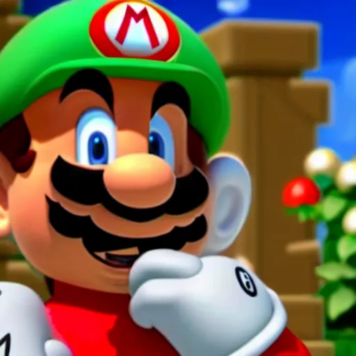 Image similar to extremely zoomed-in photo of Super Mario crying, wiping tears away from his eyes