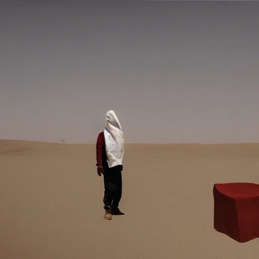 Prompt: the healing of a metaphorical man wearing a white balaclava, healing, appeasing, infinite urban desert, a city made of sand, guerilla, photojournalism, war photography, brown desert, minimalist, oil painting, by francis bacon, emotional conflict, hd, 8 k